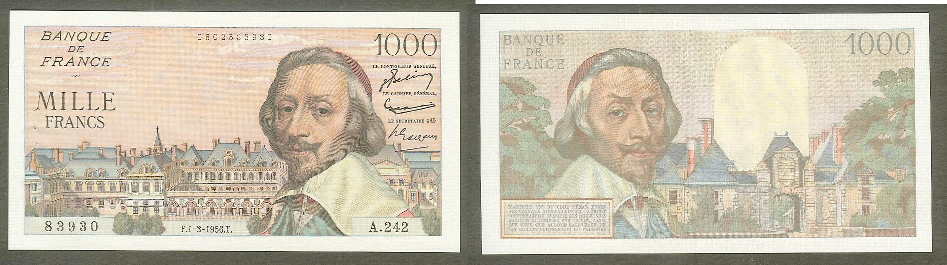 1000 francs Richelieu 1.3.56 Unc